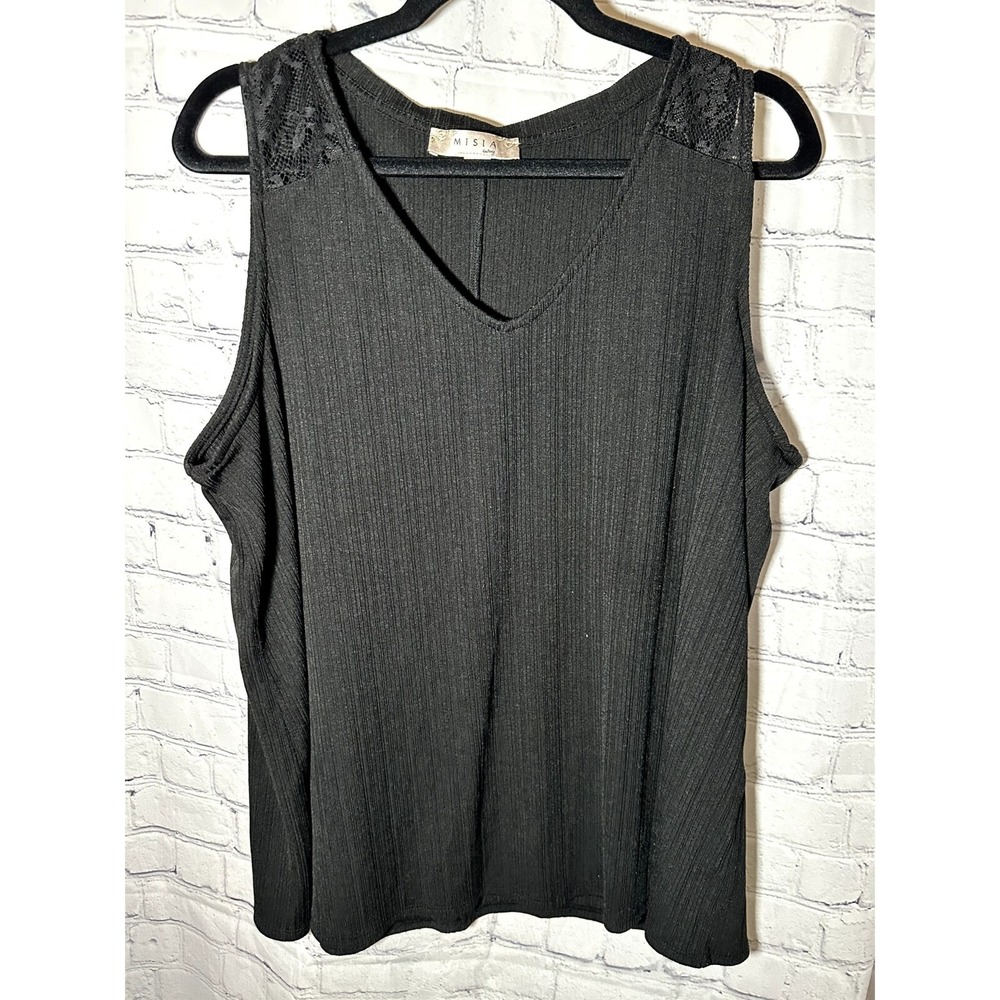 Misia Curvy Womens 3X Black Ribbed V-Neck Lace Shoulder Tank Top RT3010X